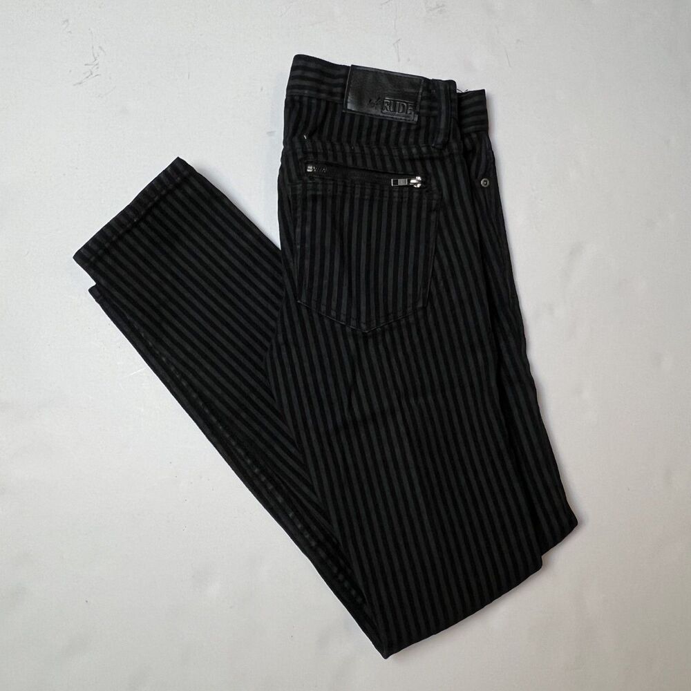 Rude Men's Black & Grey Vertical Stripe Skinny Jeans Pants Size 30x32 Zipper